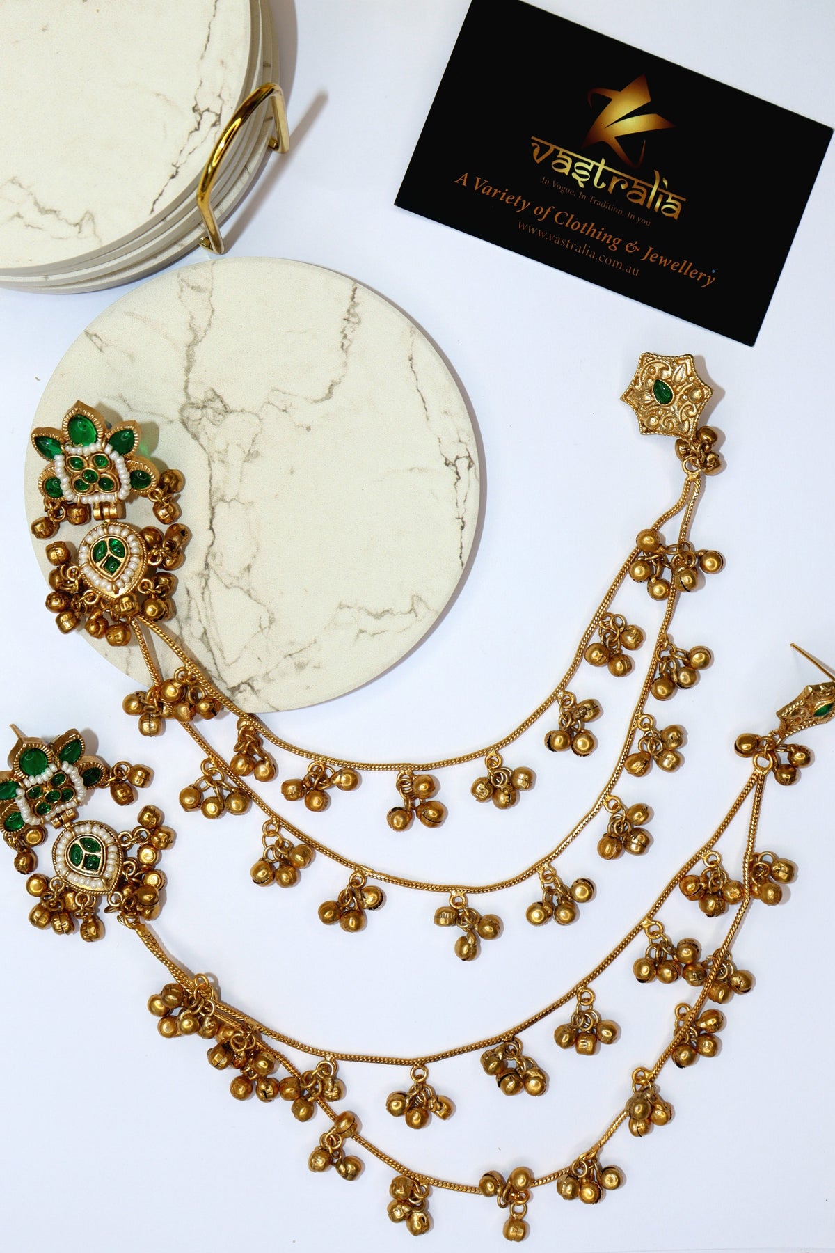 Kundan Emerald Gold-Plated Sahare Ear Chain Earrings