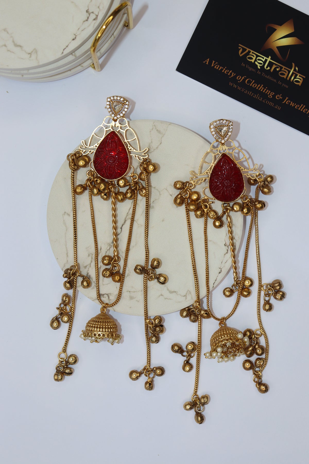 Mayura Teardrop Carved Stone Jhumka Chain Earrings