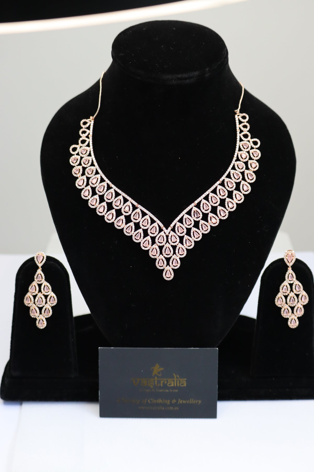 Blush Pink CZ Teardrop V-Shape Necklace Set