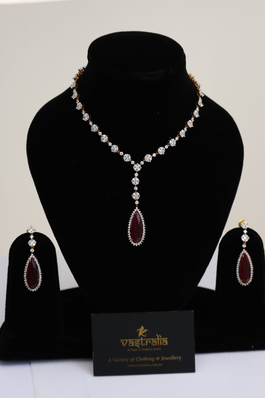 CZ Delicate Y-Necklace Set with Teardrop Gemstone Pendant (Available in Emerald Green & Ruby Red)