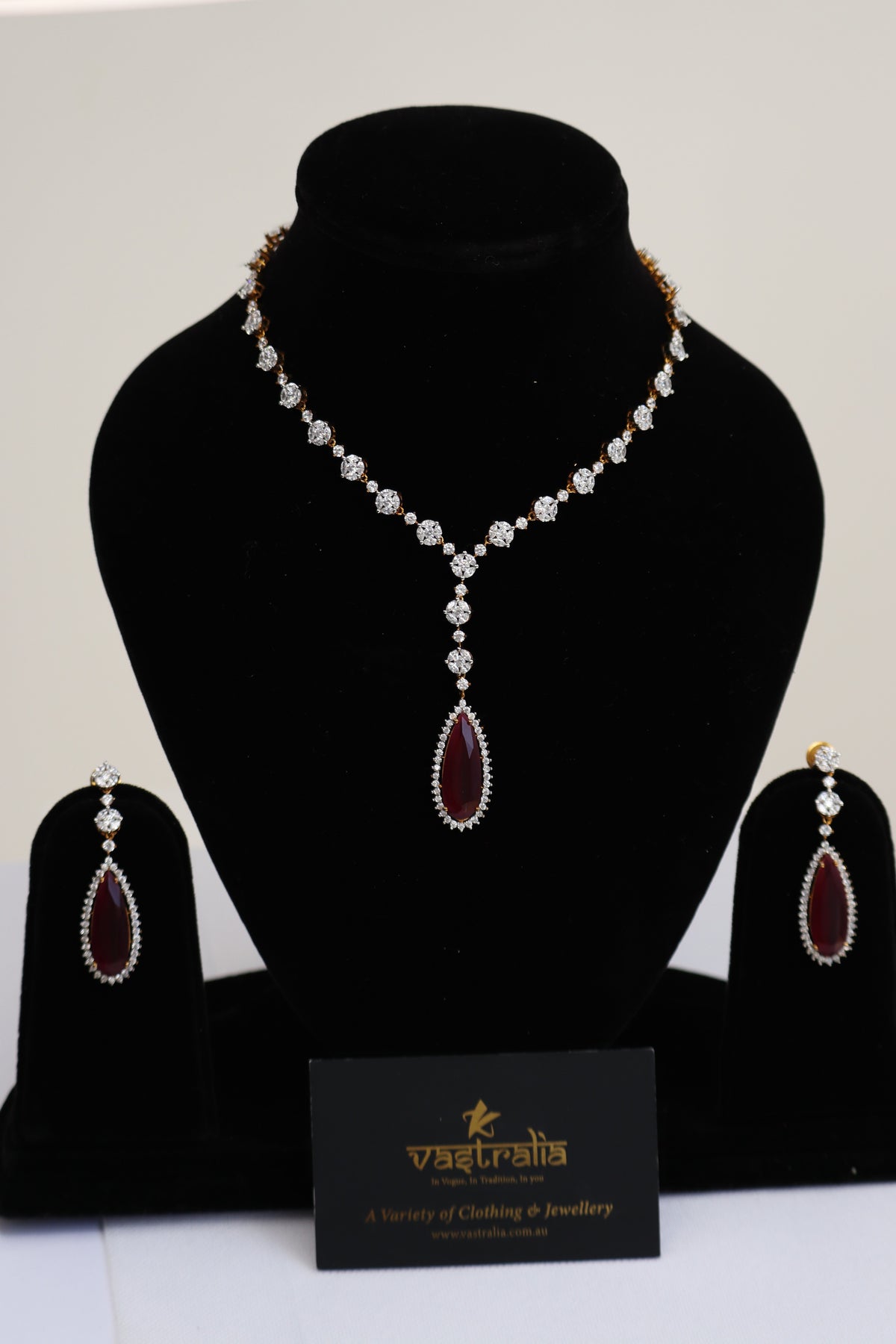 CZ Delicate Y-Necklace Set with Teardrop Gemstone Pendant (Available in Emerald Green & Ruby Red)