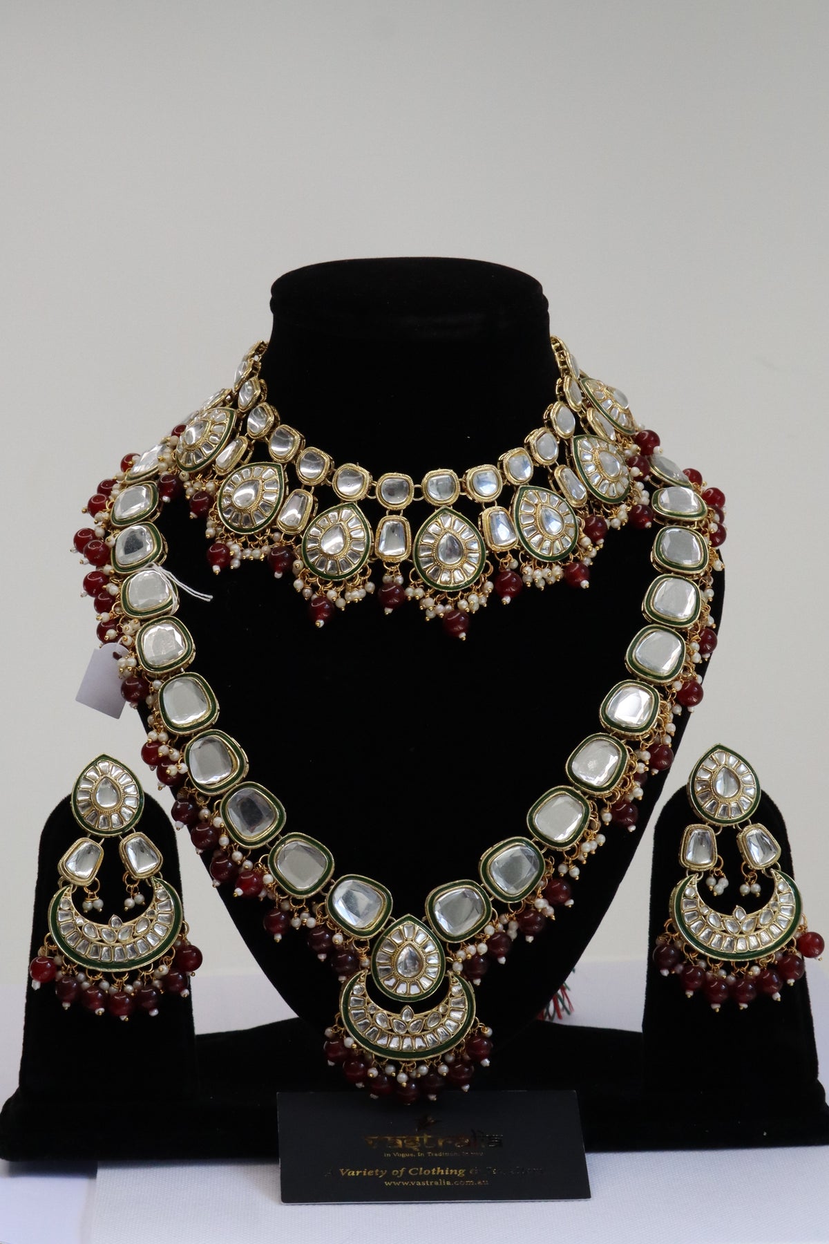 Royal Maroon Beaded Kundan Choker & Long Haram Bridal Jewellery Set with Maang Tikka