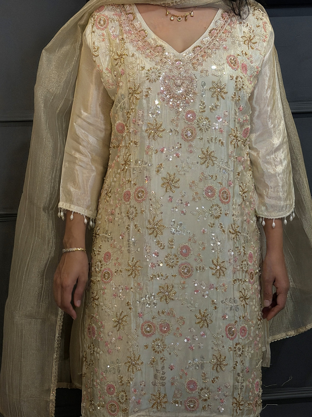 Ethereal Ivory & Soft Pink – Hand-Embroidered Tissue 3 piece Kurta Set