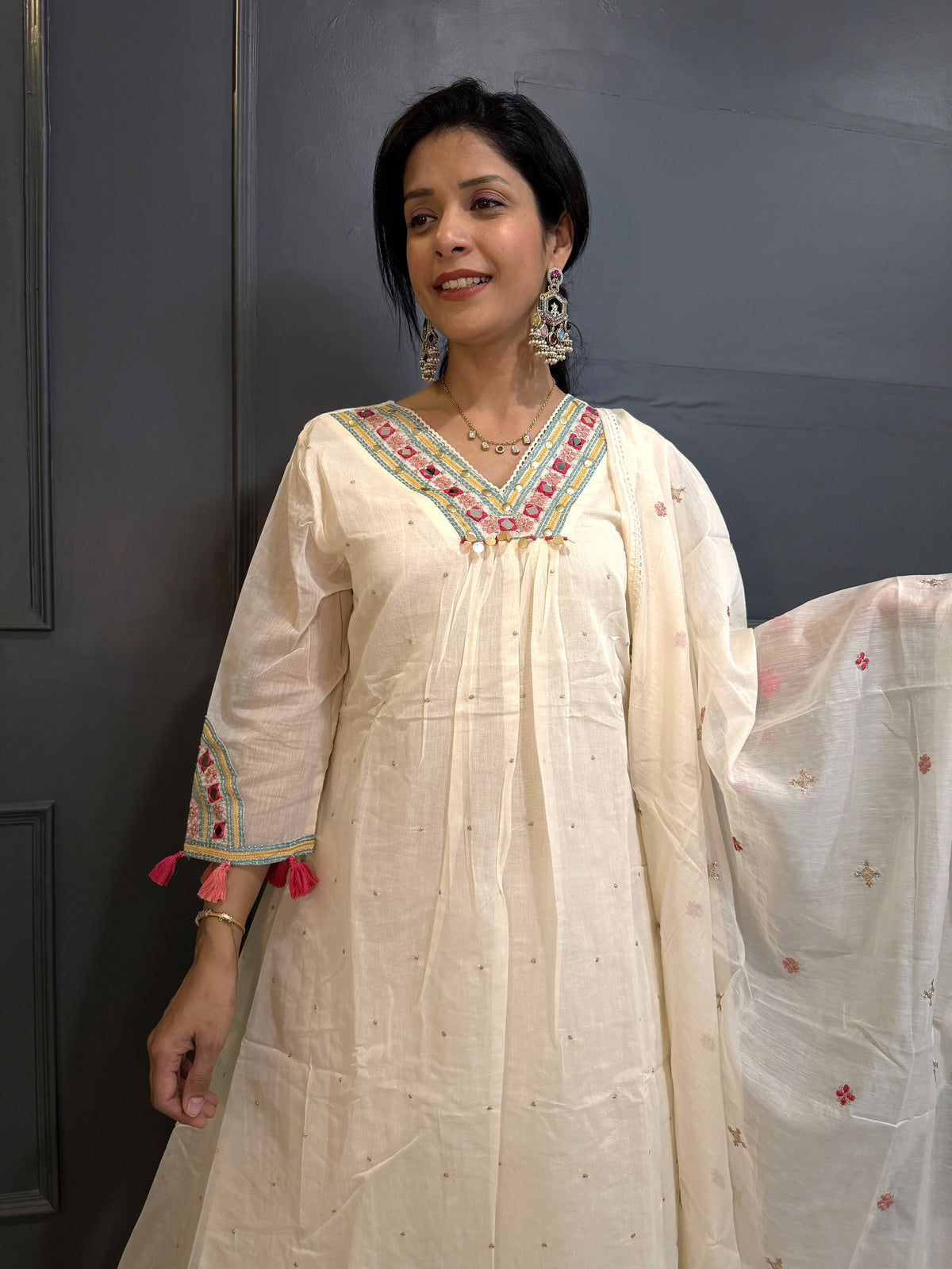 Ivory Off-White Embroidered Anarkali Suit Set with Dupatta