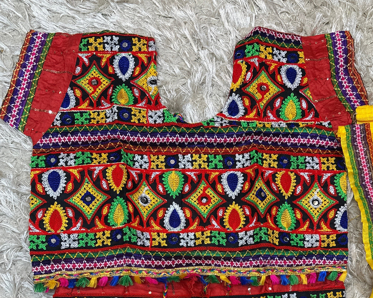 Girls Red Kutchi Embroidered Mirror Work Lehenga Choli Set with Yellow Dupatta