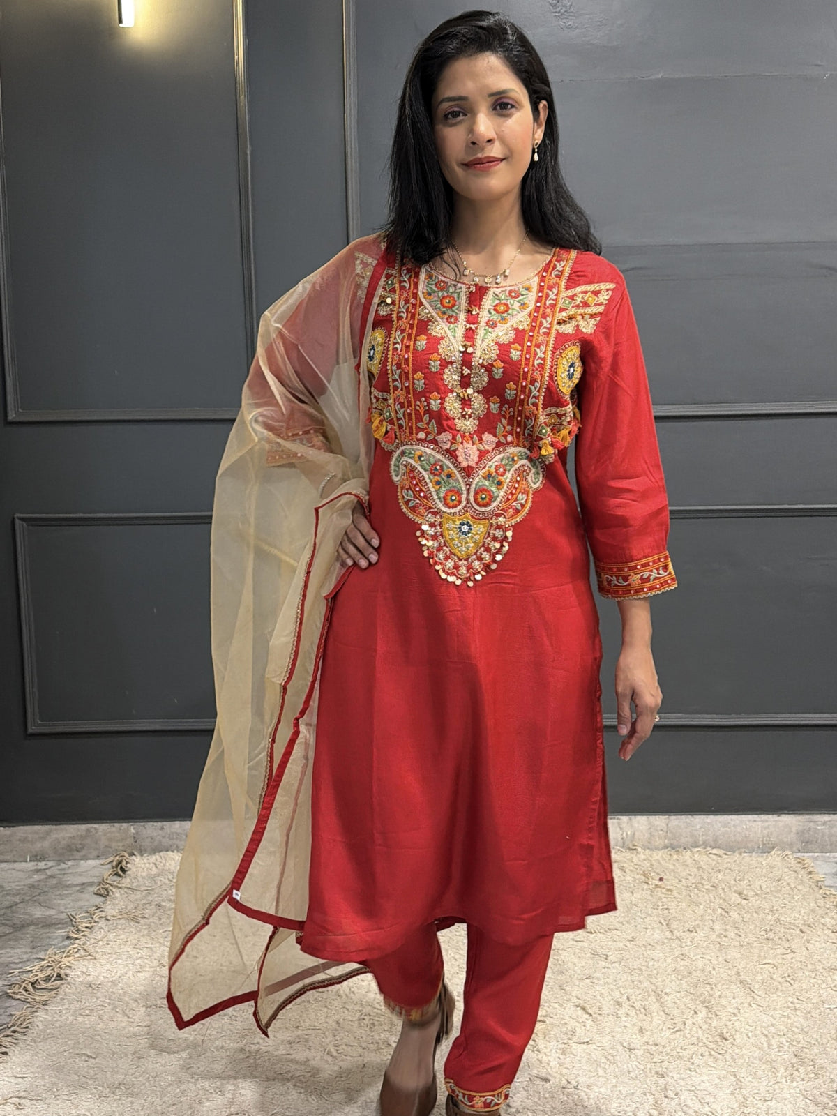Crimson Red Embroidered Silk Straight Kurta Set with Gold Dupatta