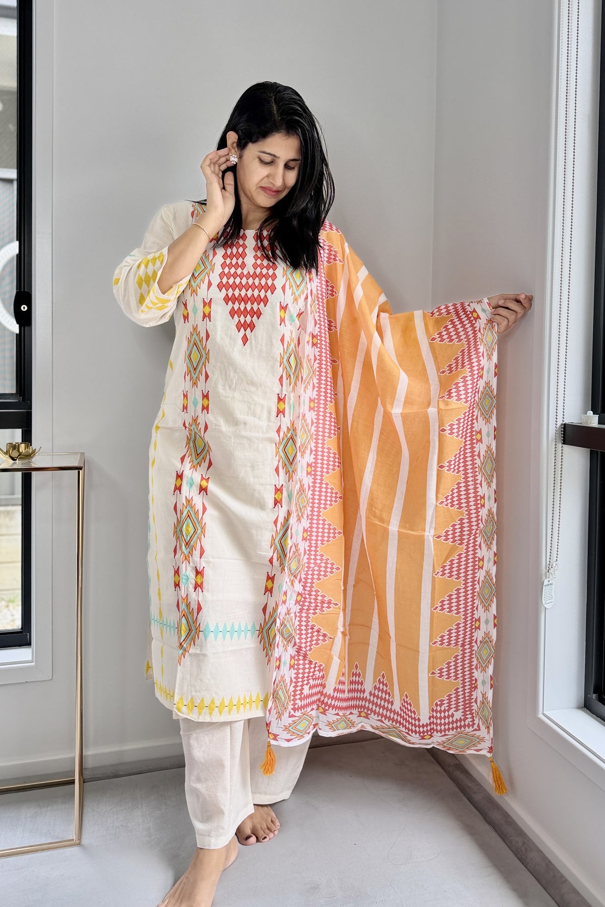 Off-White & Yellow Geometric Print Cotton Kurta Pant Set with Dupatta