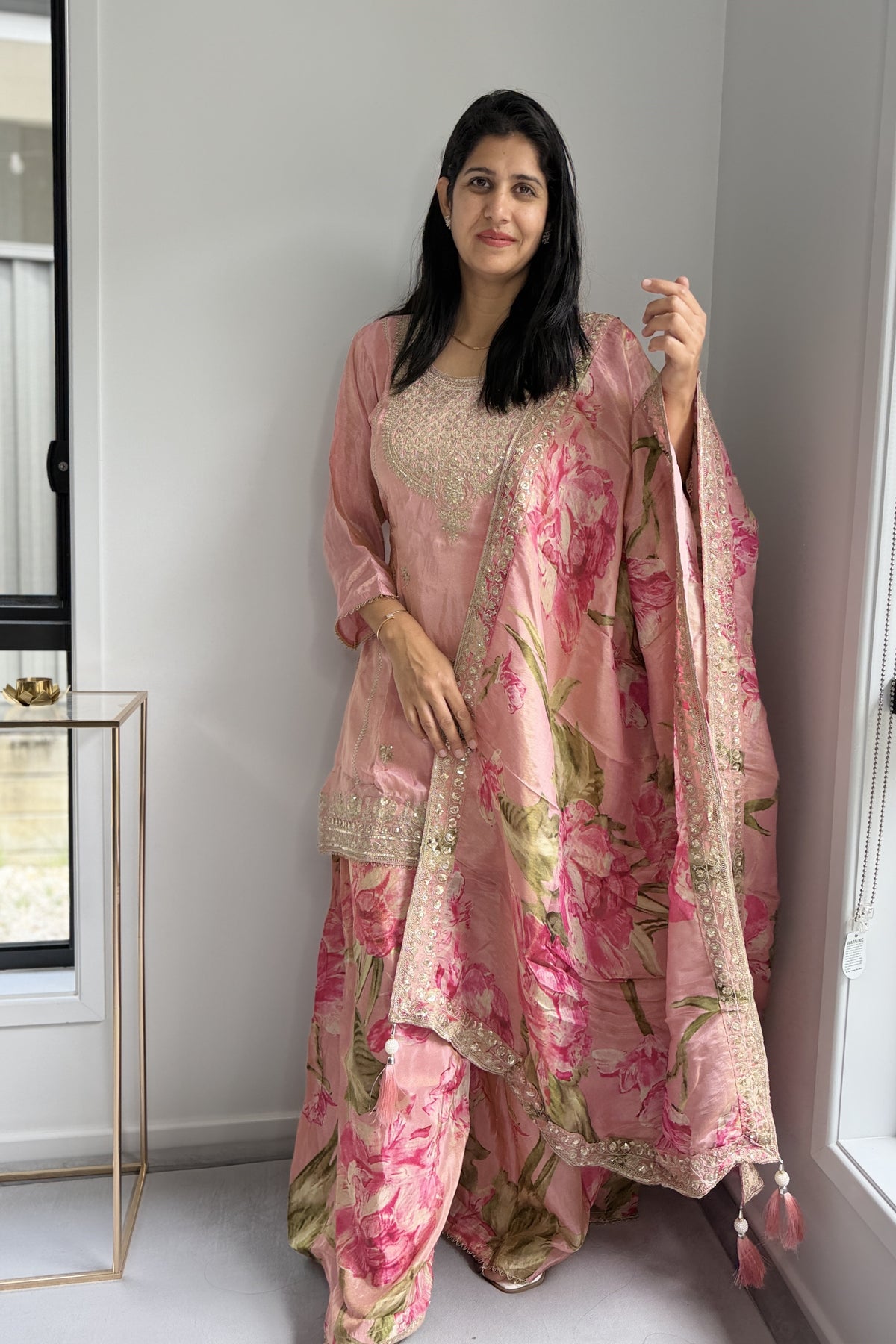 Blush Pink Floral Printed Silk Kurta Sharara Set with Dupatta