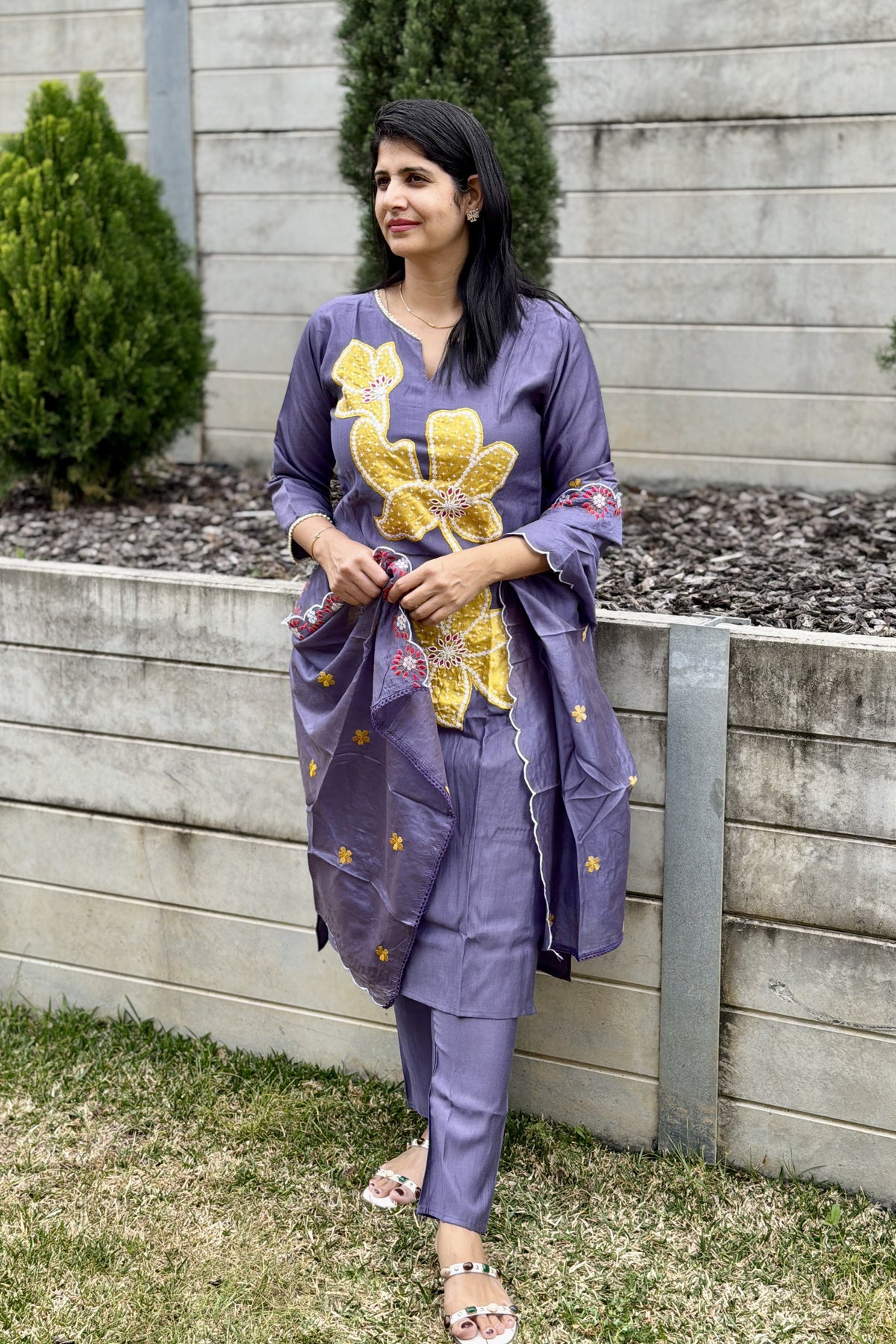 Lavender & Yellow Floral Applique Cotton Kurta Pant Set with Scalloped Dupatta