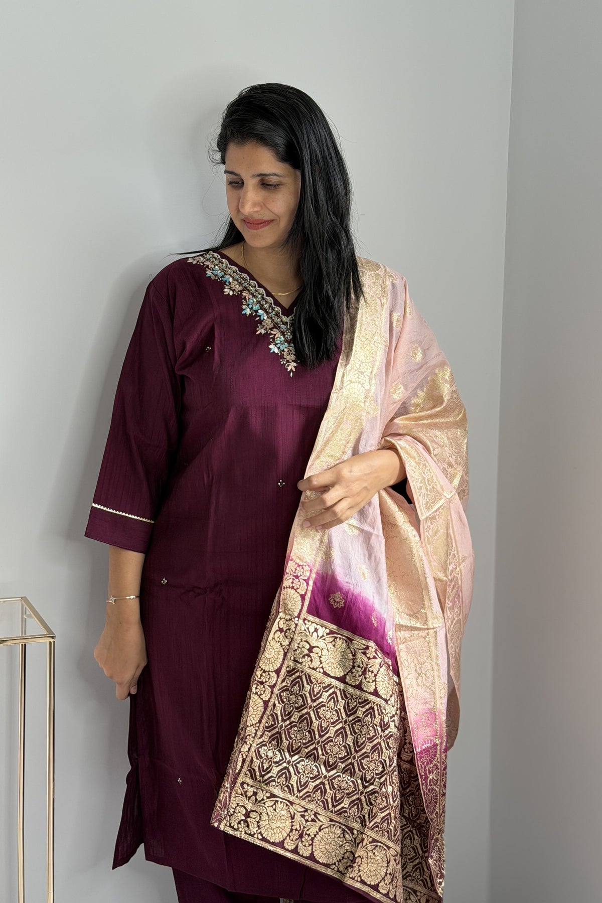 Wine Purple Hand Embroidered Silk Kurta Pant Set with Banarasi Brocade Dupatta