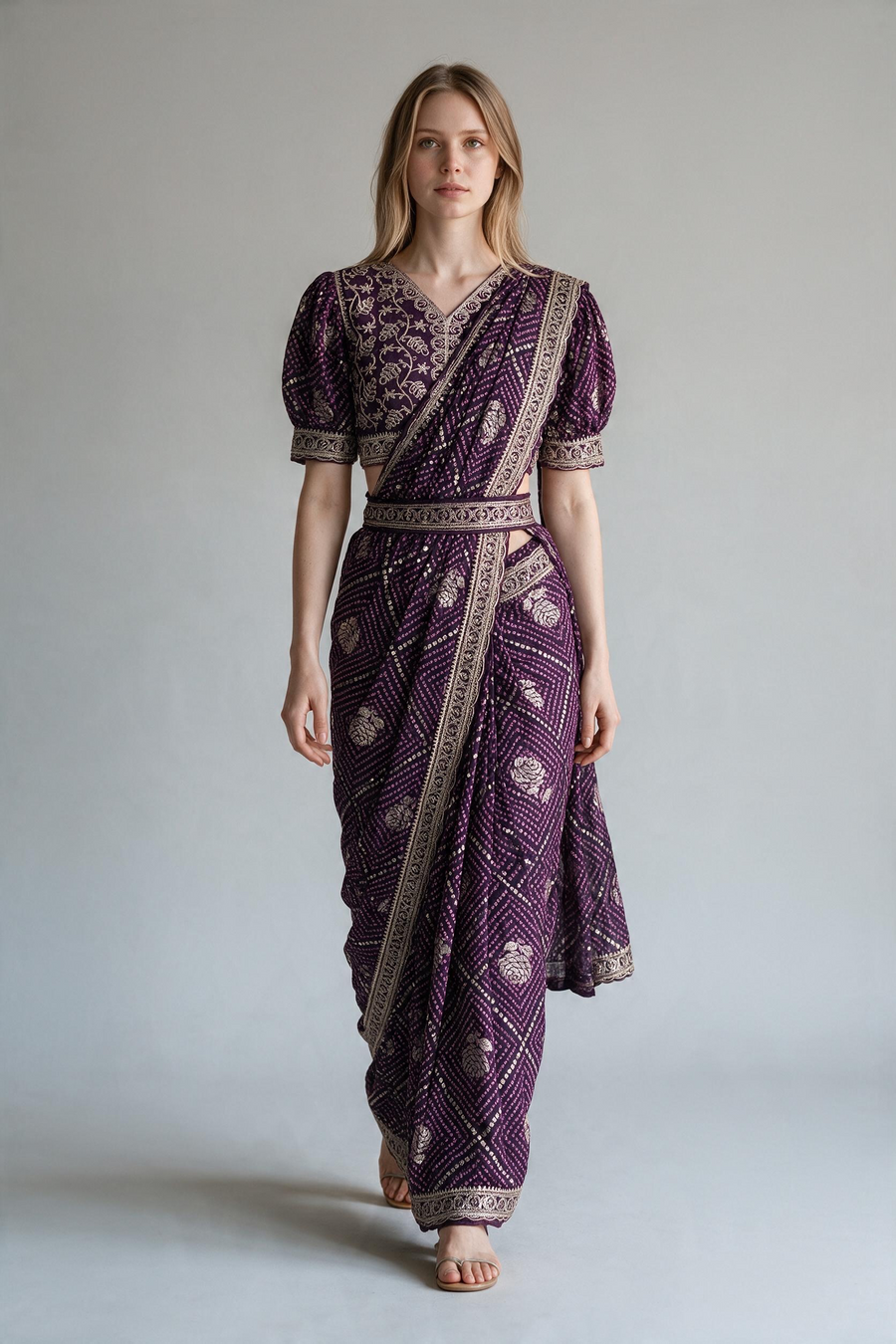 Deep Purple Bandhani Georgette Saree with Puff-Sleeve Embroidered Blouse Set