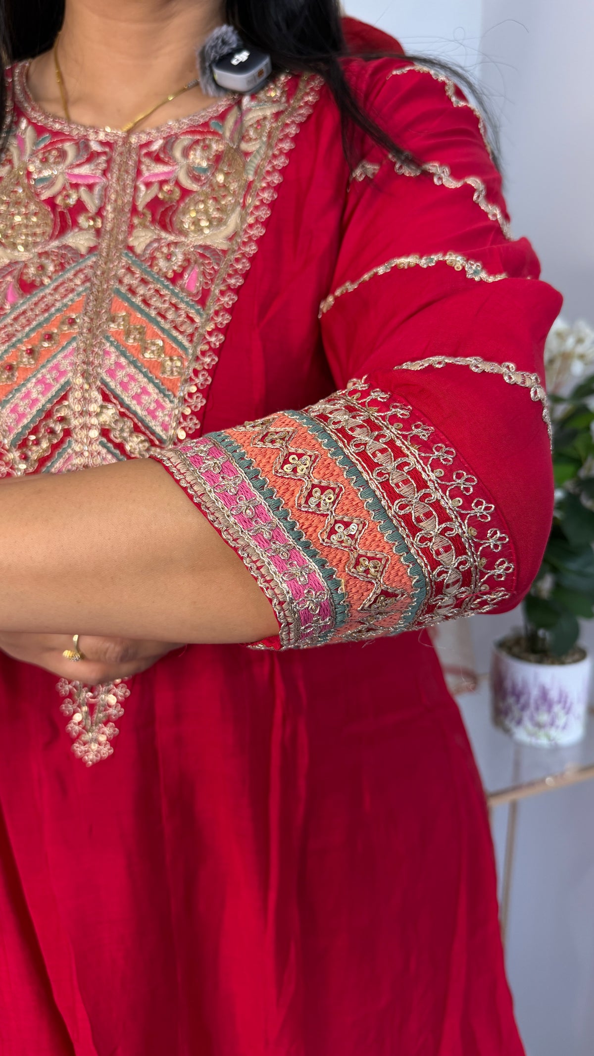 Crimson Red Silk Anarkali Suit Set with Multi-Color Yoke Embroidery & Dupatta