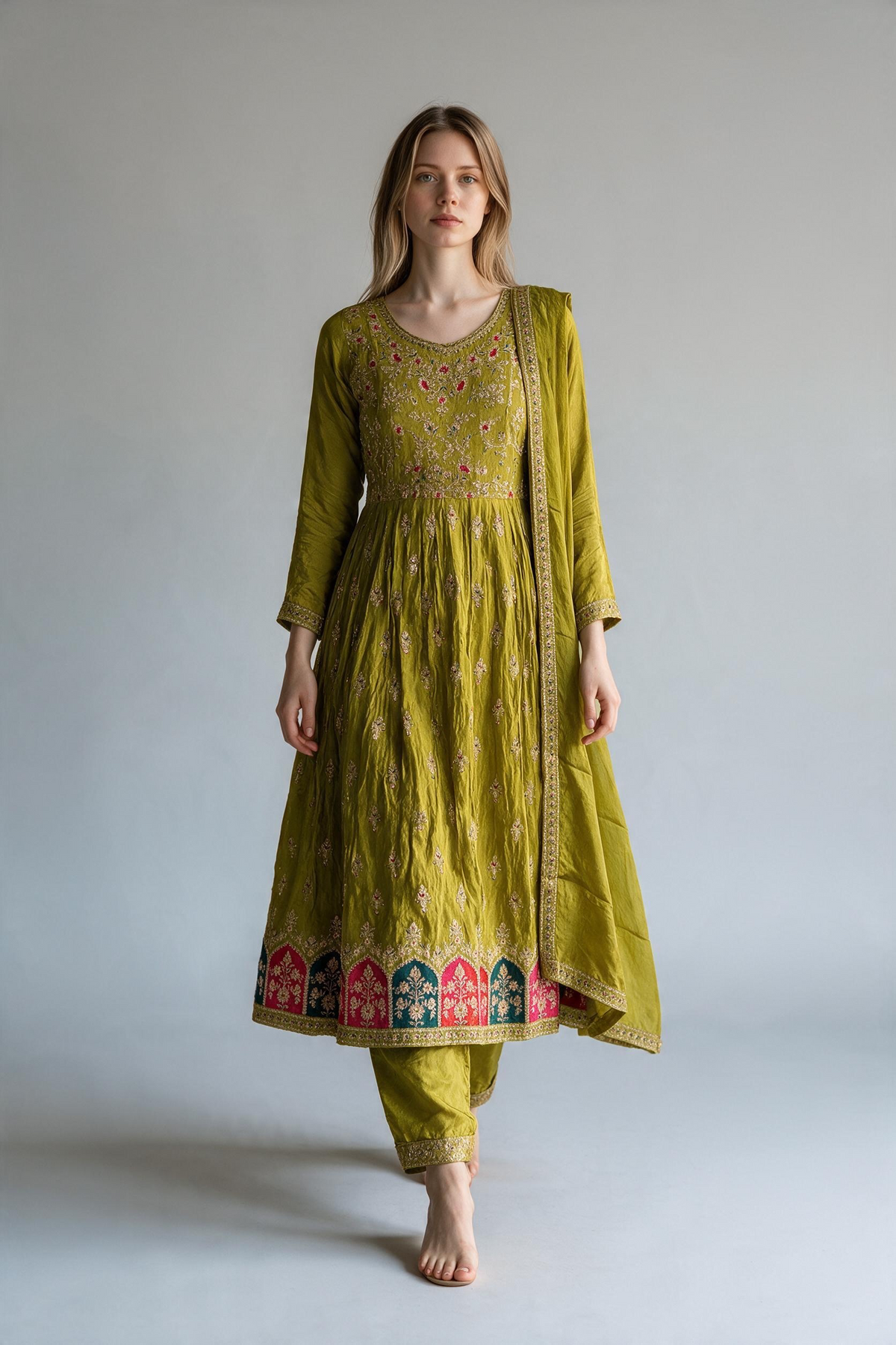 Olive Green Embroidered Silk Anarkali Suit Set with Multi-Color Arch Hem & Dupatta