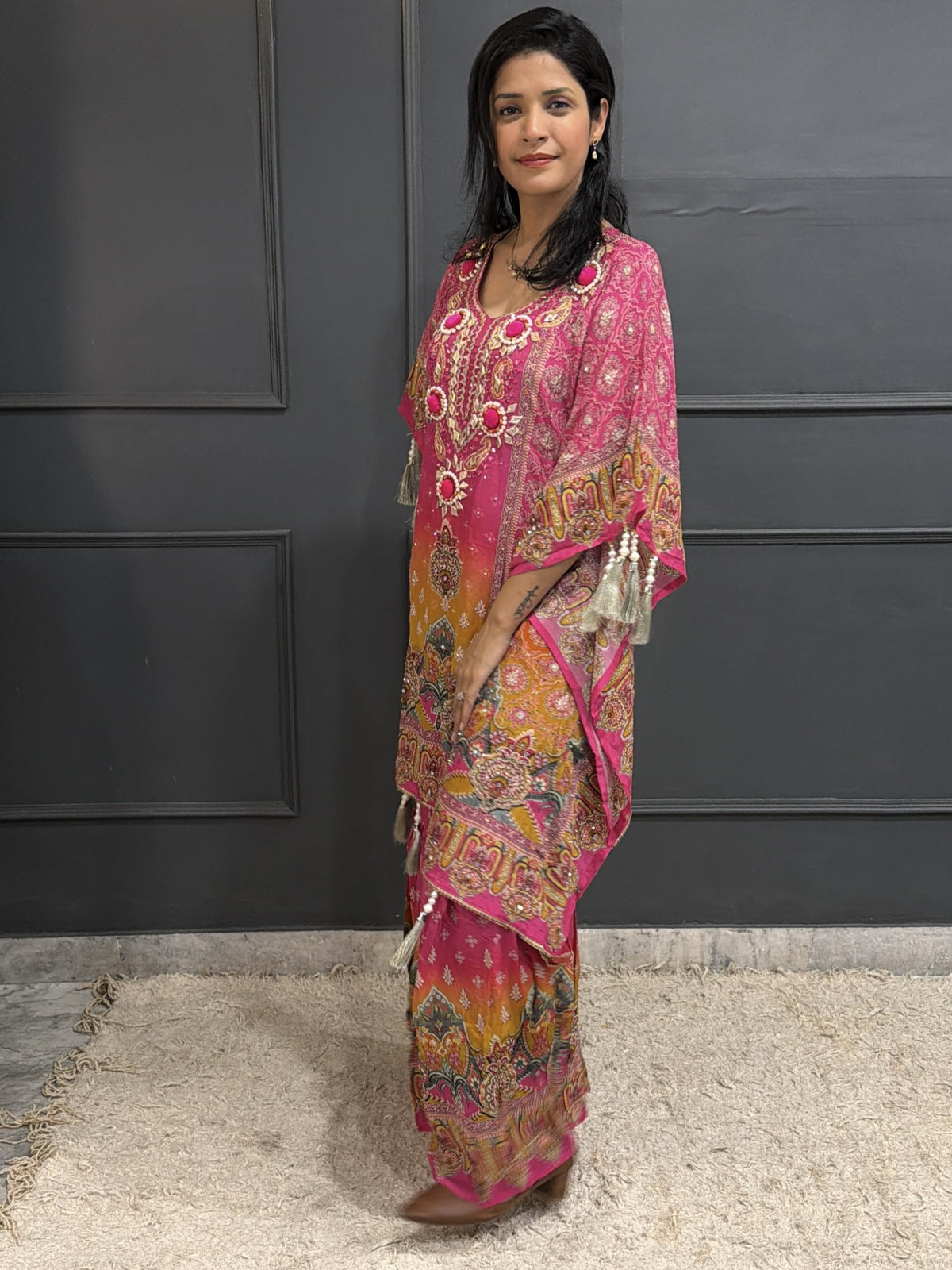 Festive Bloom – Embroidered Crepe Kaftan Style Kameez with Sharara Set