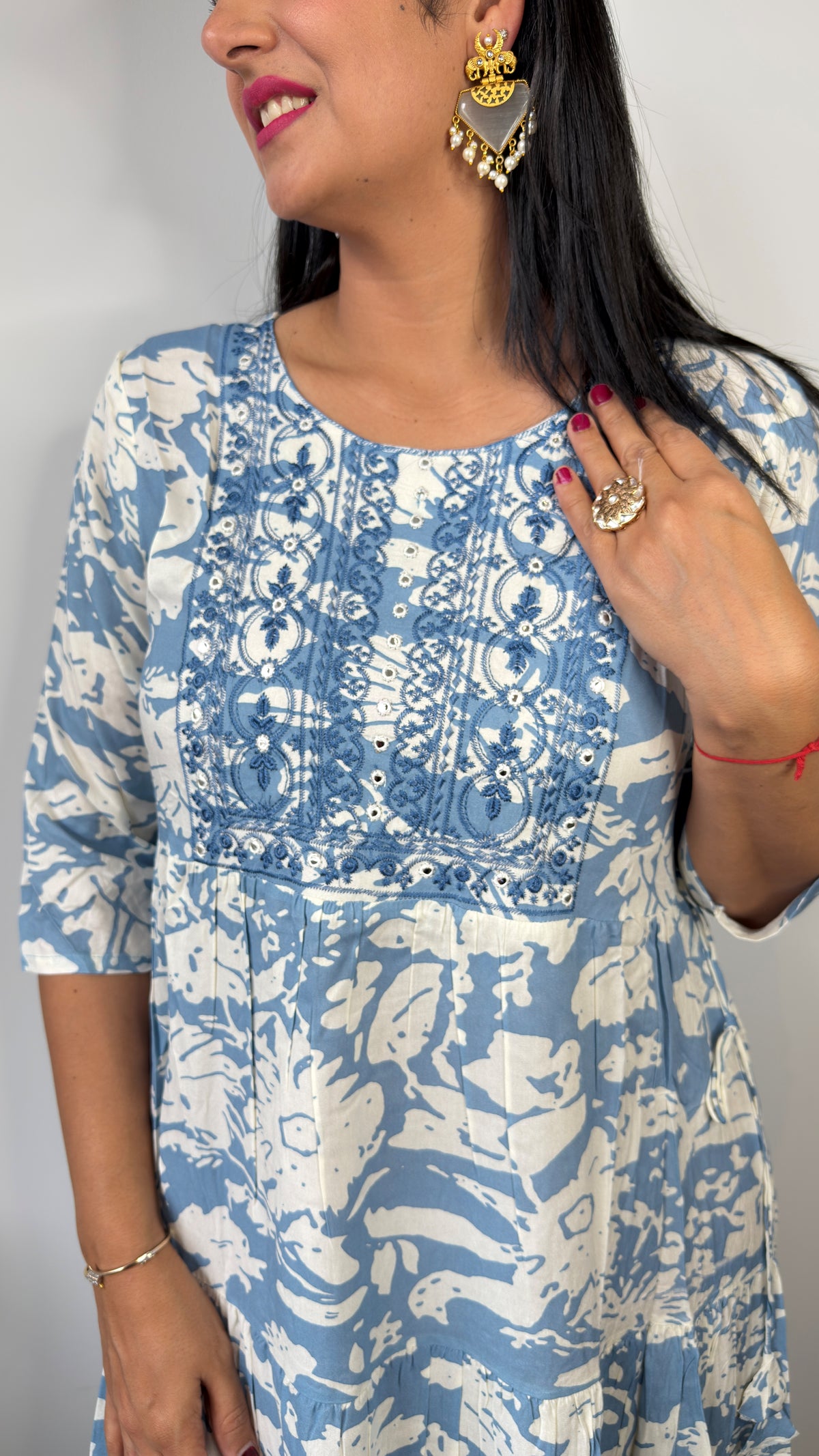 Blue & White Floral Block Print Tiered Cotton Dress with Embroidered Yoke