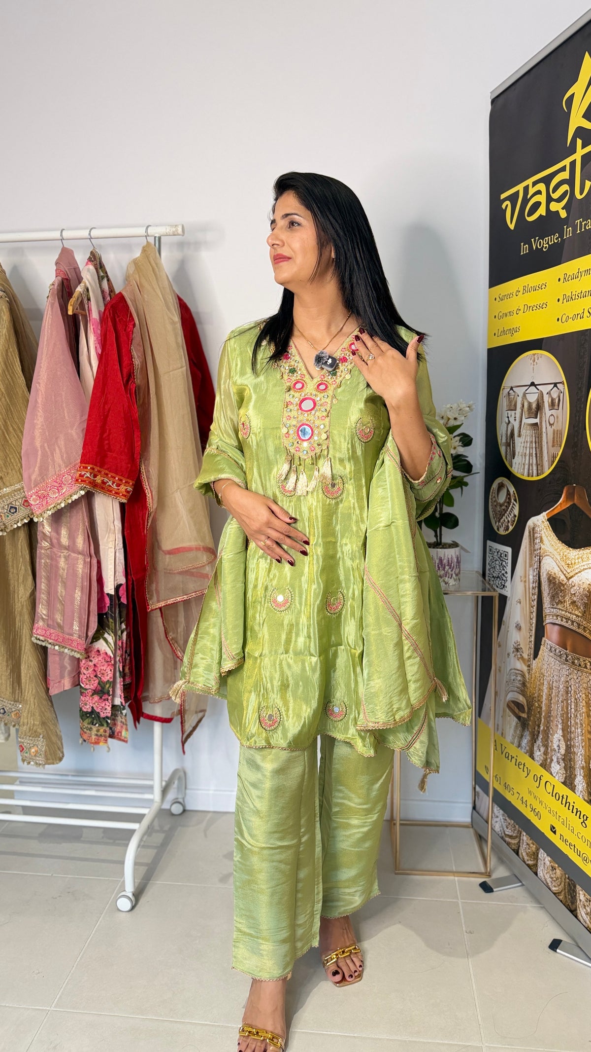Sage Green Tissue Silk Short Anarkali Suit Set with Dupatta