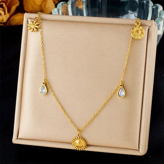 Gold Sunburst Crystal Charm Necklace