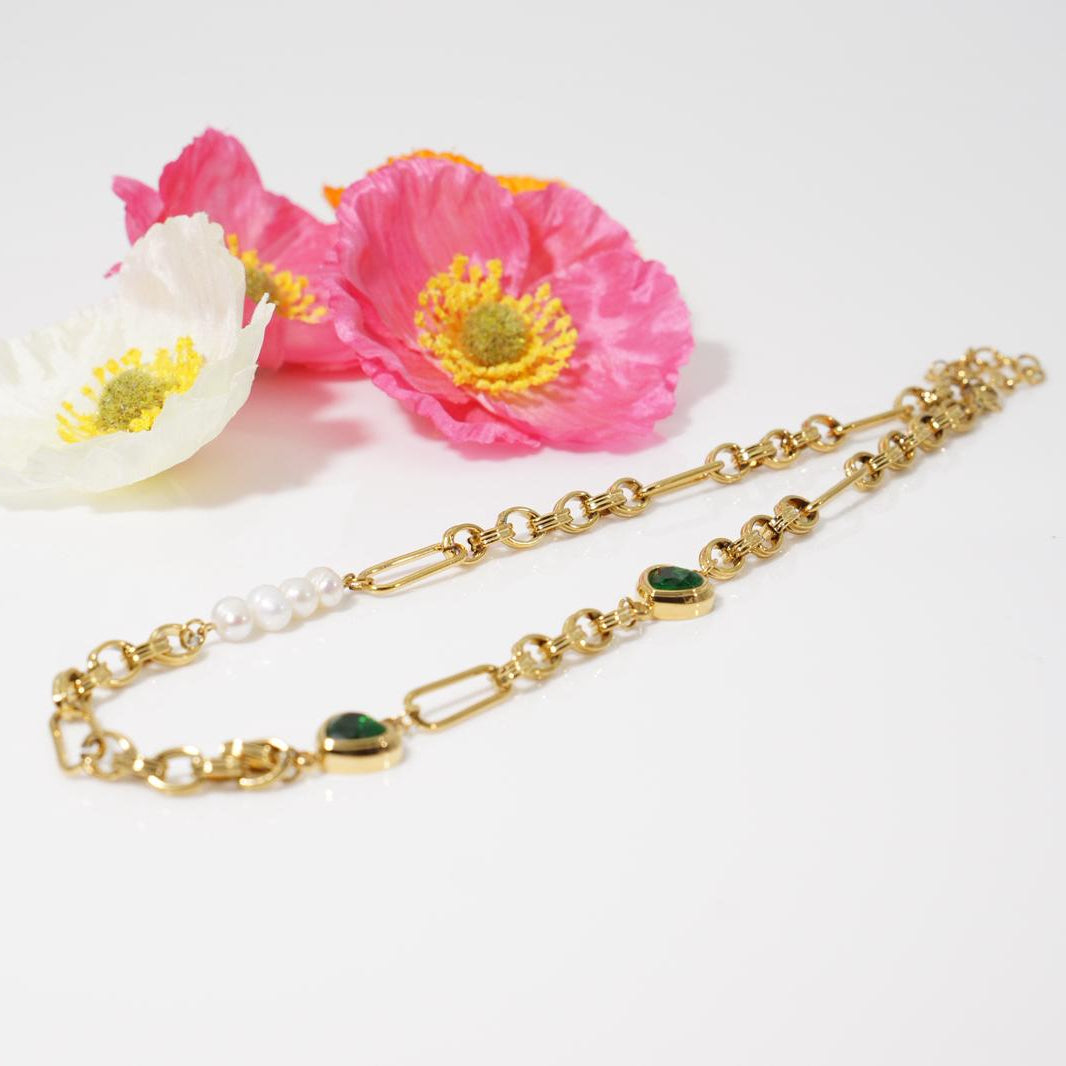 Gold Pearl & Emerald Crystal Station Link Chain Necklace