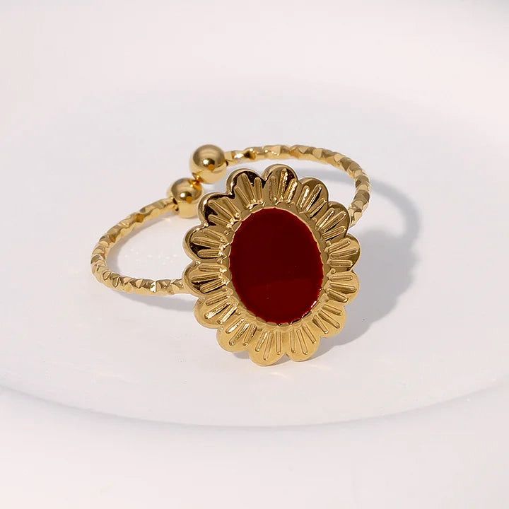 Red Enamel Oval Floral Gold Adjustable Ring