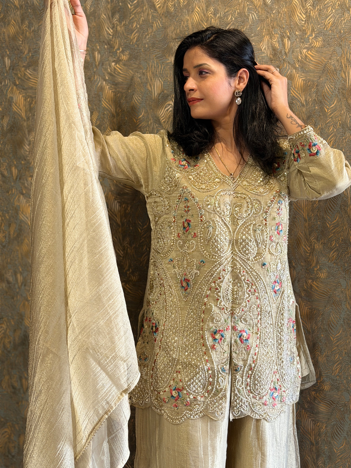 Shimmer in Gold – Hand-Embroidered Tissue Silk Plazo Set