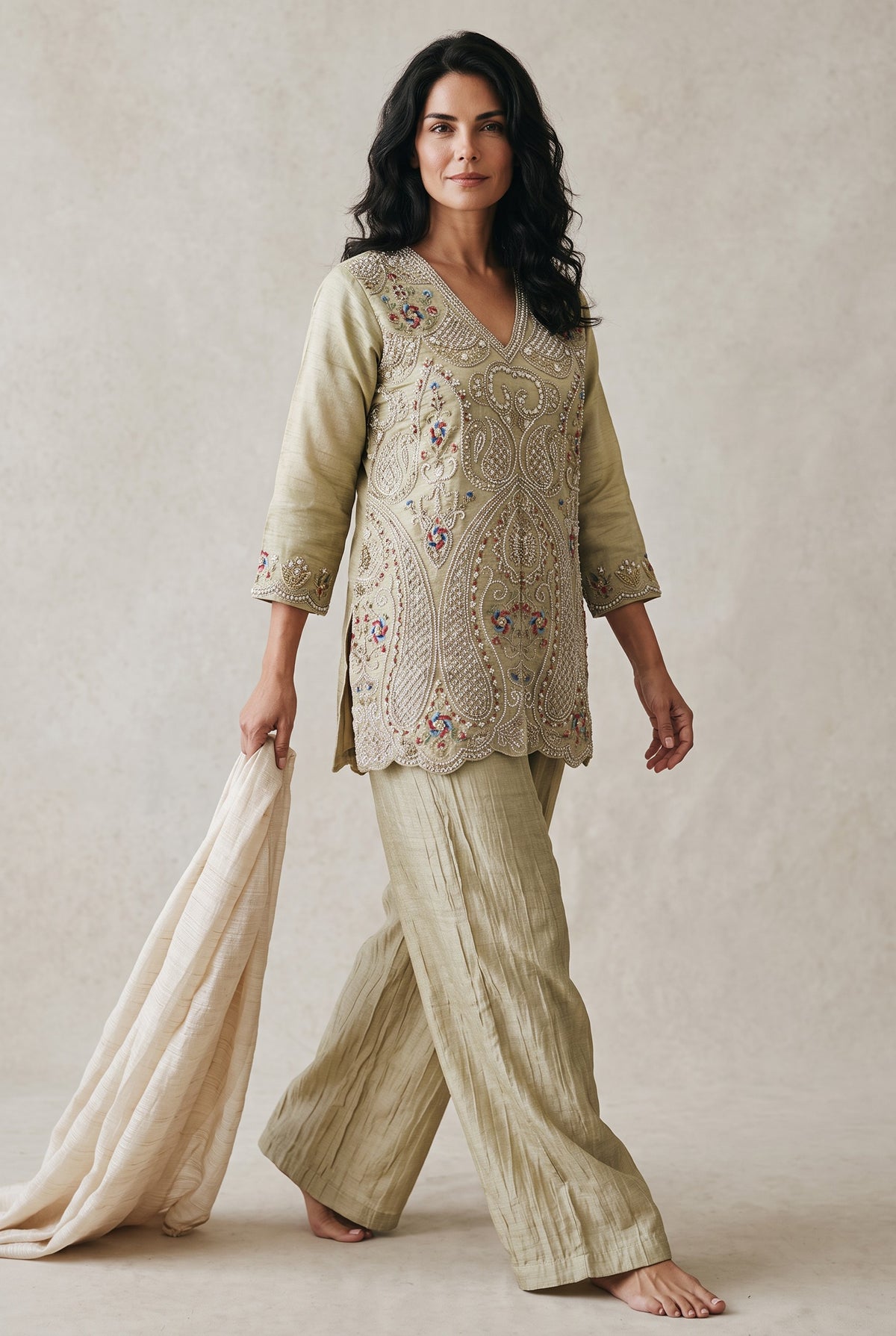 A woman modeling a light beige embroidered kurta set with matching wide-leg pants and a draped dupatta, set against a neutral textured beige background.
