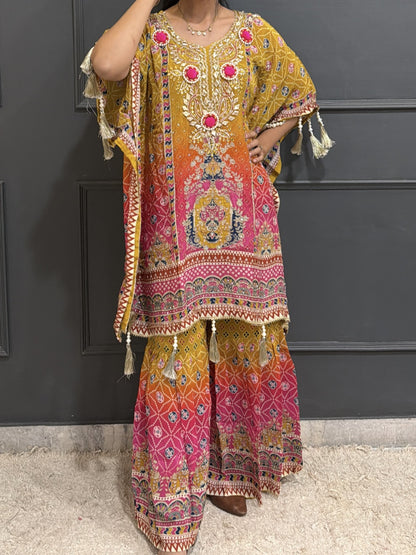 Sunset Radiance – Embroidered Crepe Kaftan Style Kameez with Sharara Set