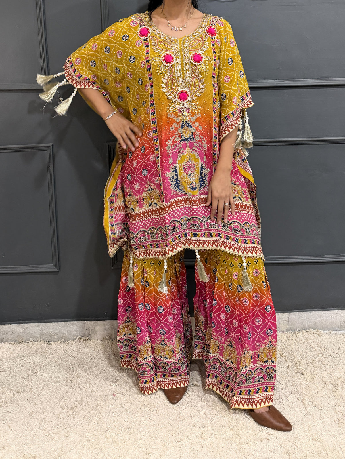 Sunset Radiance – Embroidered Crepe Kaftan Style Kameez with Sharara Set