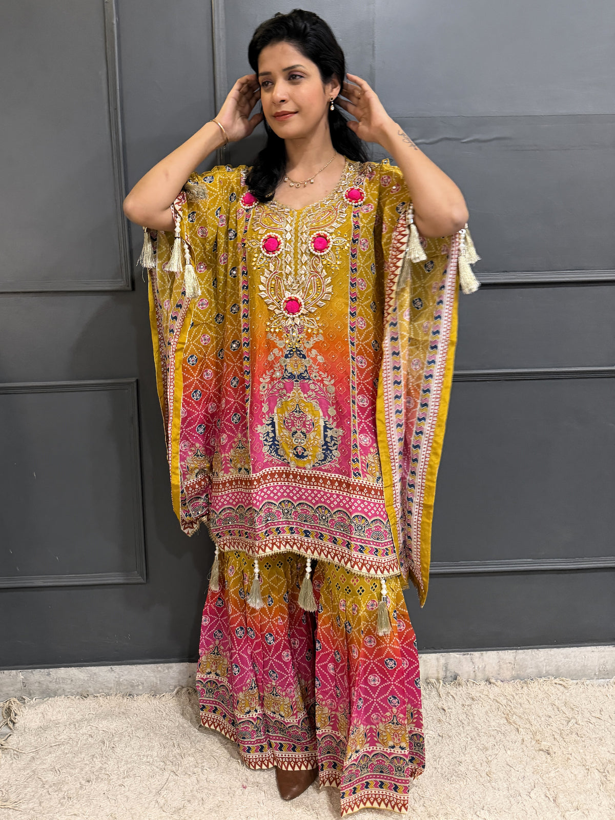 Sunset Radiance – Embroidered Crepe Kaftan Style Kameez with Sharara Set