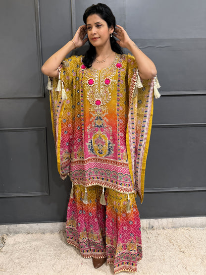 Sunset Radiance – Embroidered Crepe Kaftan Style Kameez with Sharara Set