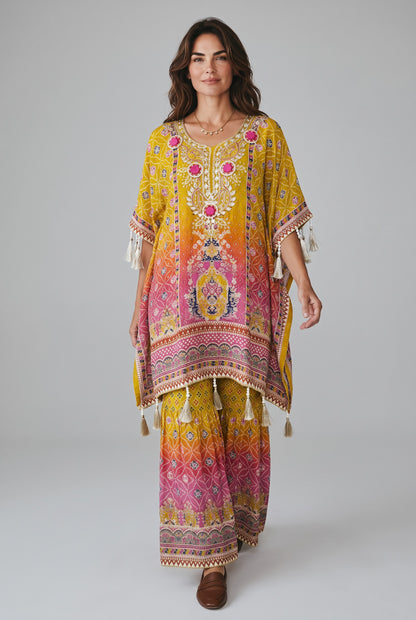 Sunset Radiance – Embroidered Crepe Kaftan Style Kameez with Sharara Set