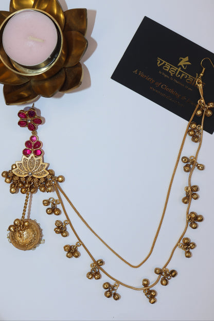 Kundan Ruby Lotus Gold-Plated Sahare Ear Chain Earrings
