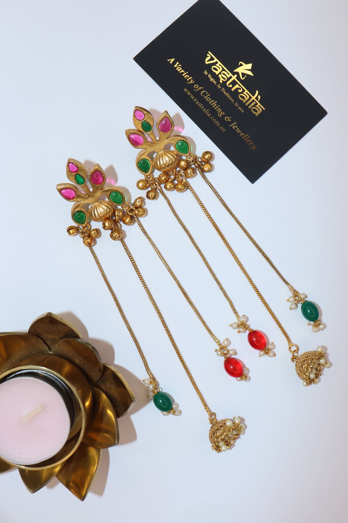 Mayura Lotus Tricolour Stone Jhumka Chain Earrings