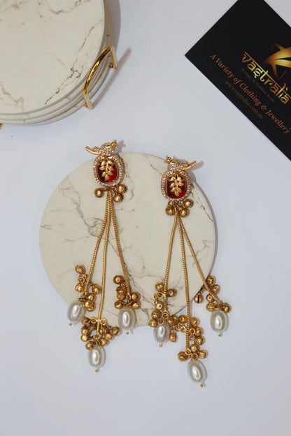 Mayura Bird Stone Carving Pearl Ghungroo Long Dangler Earrings
