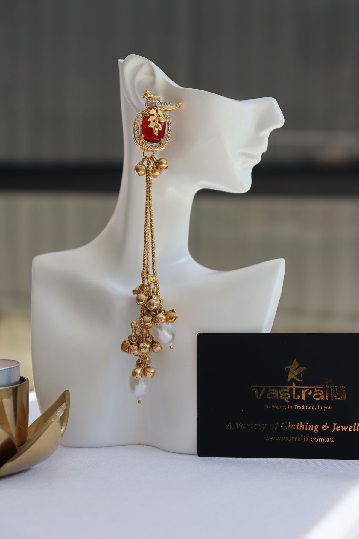 Mayura Bird Stone Carving Pearl Ghungroo Long Dangler Earrings