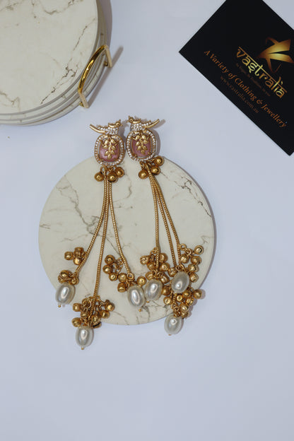 Mayura Bird Stone Carving Pearl Ghungroo Long Dangler Earrings