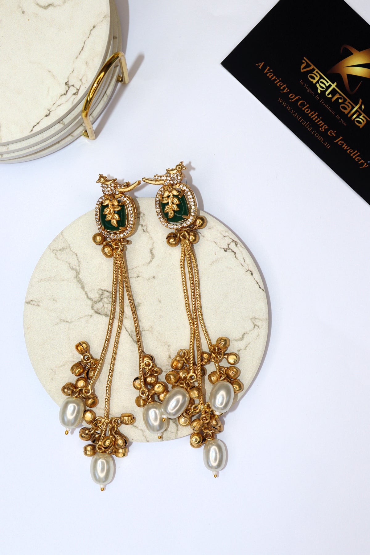 Mayura Bird Stone Carving Pearl Ghungroo Long Dangler Earrings