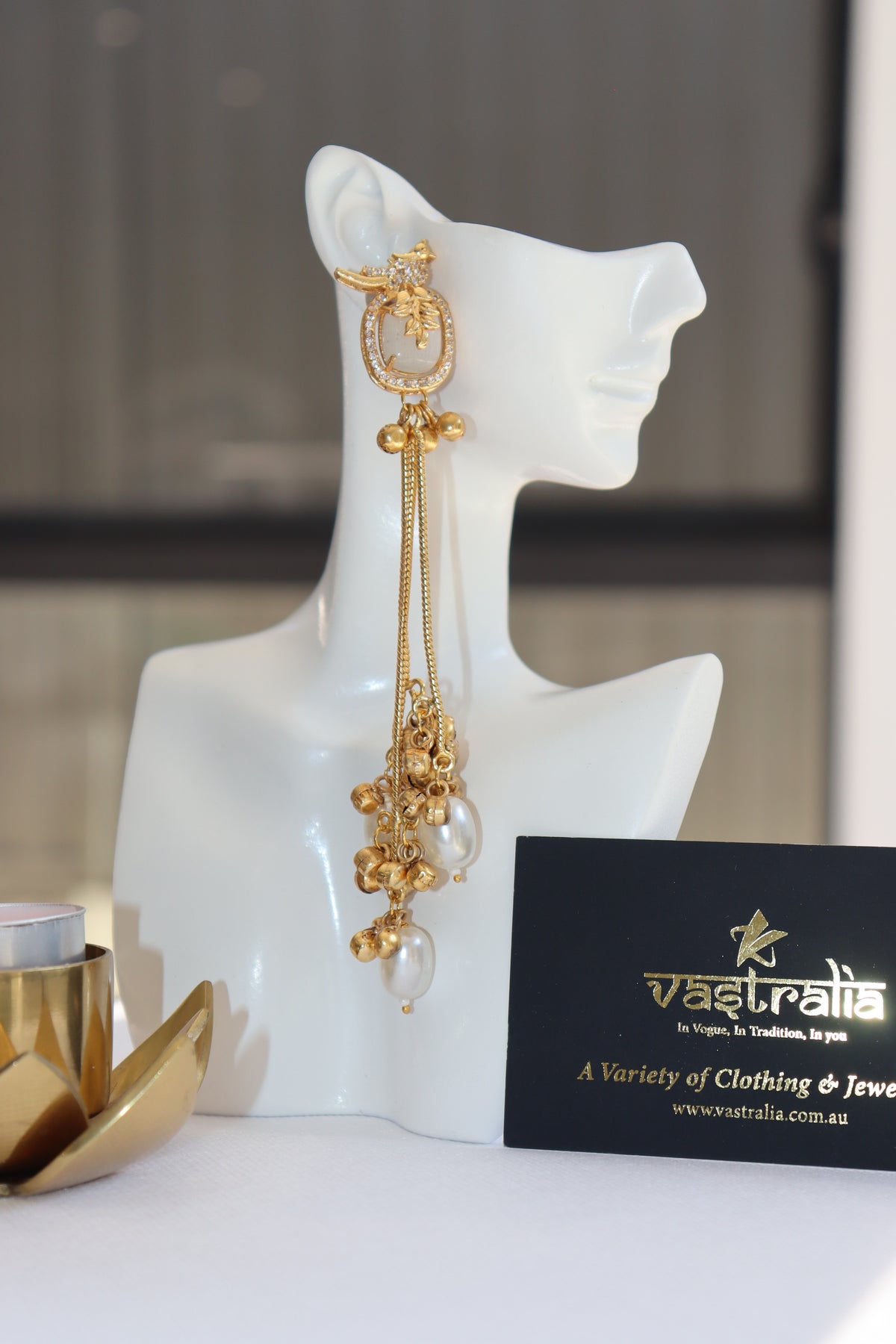 Mayura Bird Stone Carving Pearl Ghungroo Long Dangler Earrings