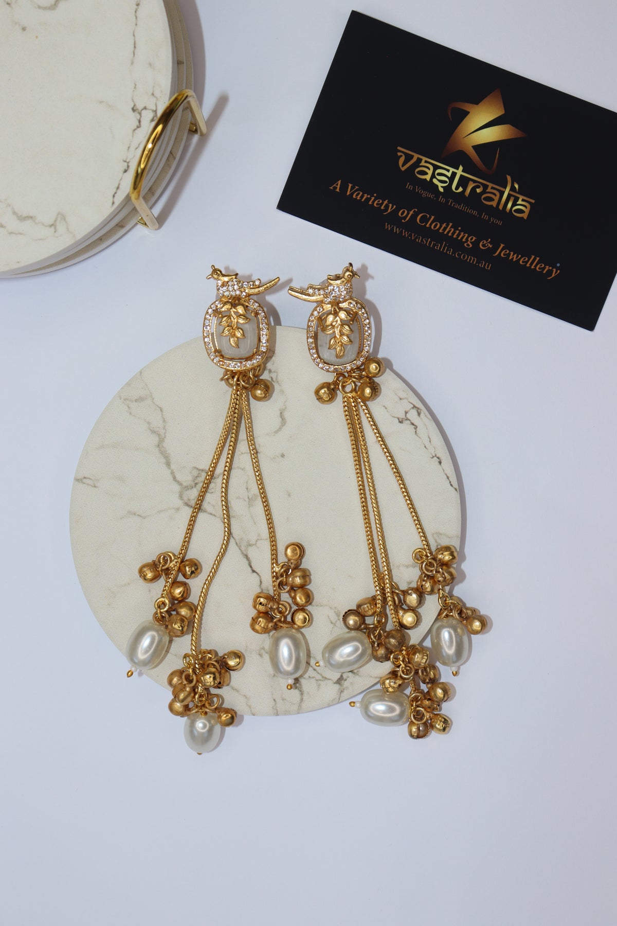 Mayura Bird Stone Carving Pearl Ghungroo Long Dangler Earrings