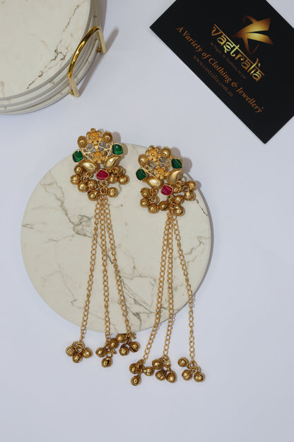 Mayura Peacock Filigree Ghungroo Long Chain Dangler Earrings