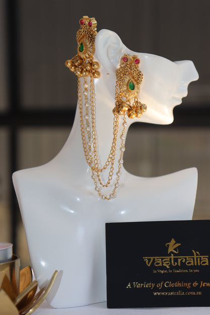Mayura Peacock Emerald Ruby Gold-Plated Sahare Ear Chain Earrings