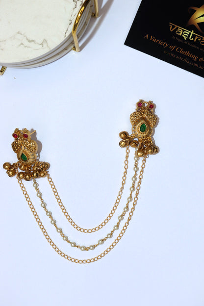 Mayura Peacock Emerald Ruby Gold-Plated Sahare Ear Chain Earrings