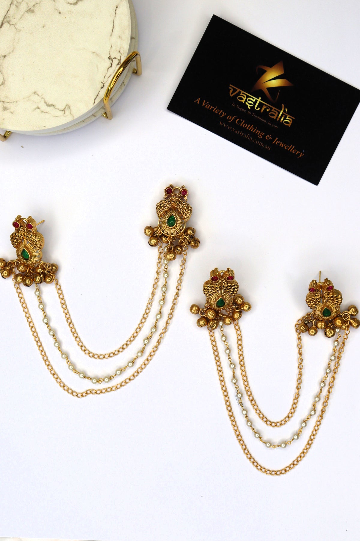 Mayura Peacock Emerald Ruby Gold-Plated Sahare Ear Chain Earrings