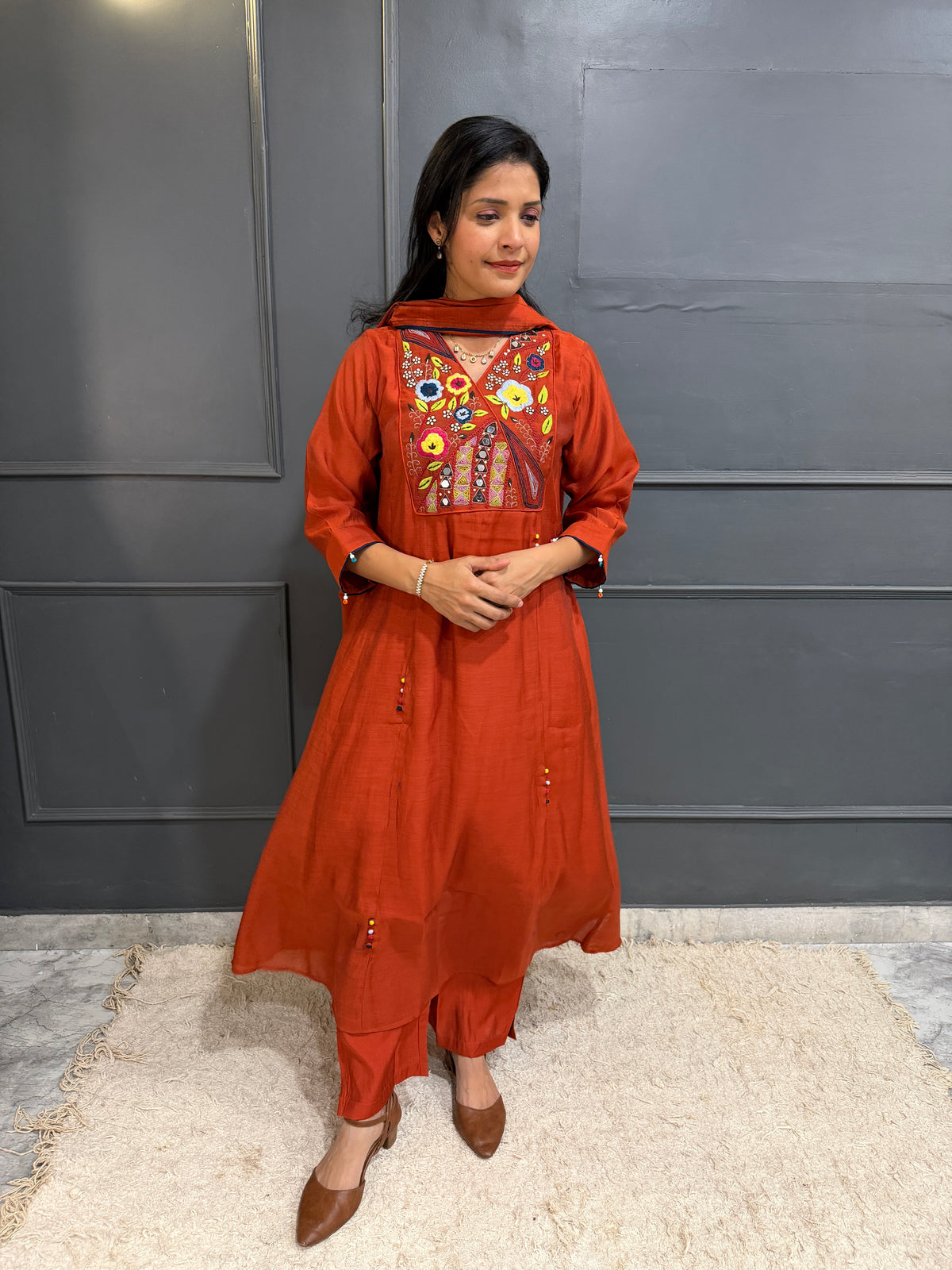 Rust Radiance – Embroidered Mul Cotton Kurta Set with Dupatta