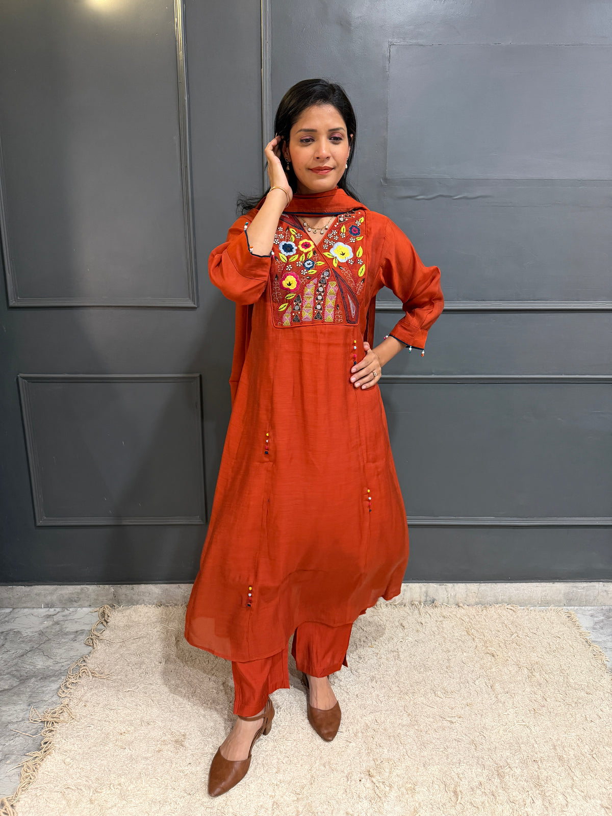 Rust Radiance – Embroidered Mul Cotton Kurta Set with Dupatta