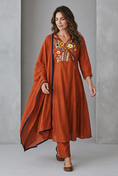 Rust Radiance – Embroidered Mul Cotton Kurta Set with Dupatta