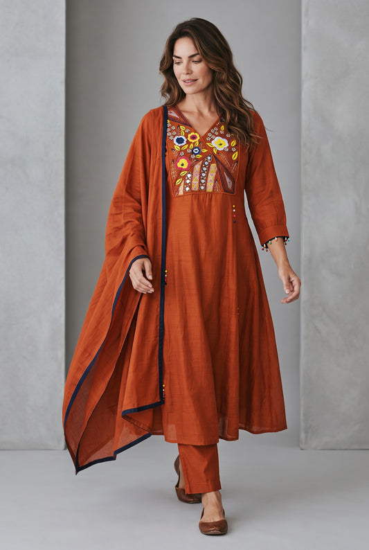 Rust Radiance – Embroidered Mul Cotton Kurta Set with Dupatta