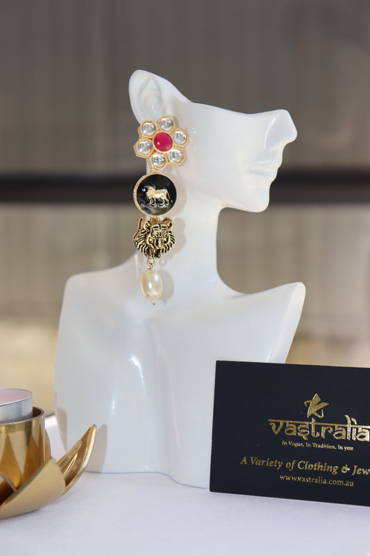 Royal Lion Tiger Motif Kundan Pearl Drop Earrings