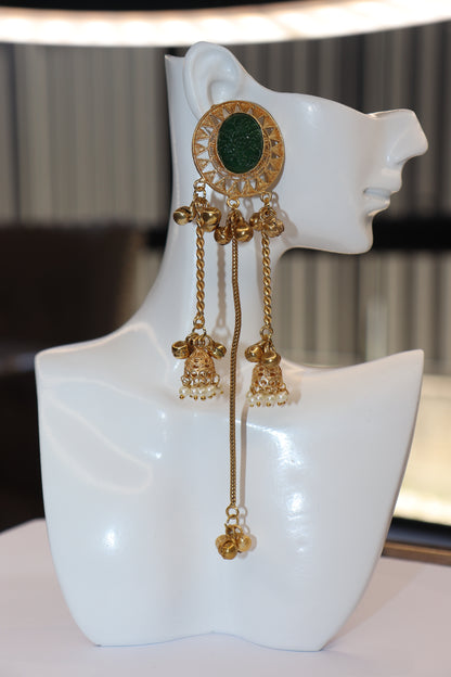 Carved Stone Sunburst Twin Jhumka Chain Earrings