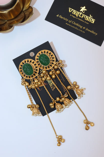Carved Stone Sunburst Twin Jhumka Chain Earrings