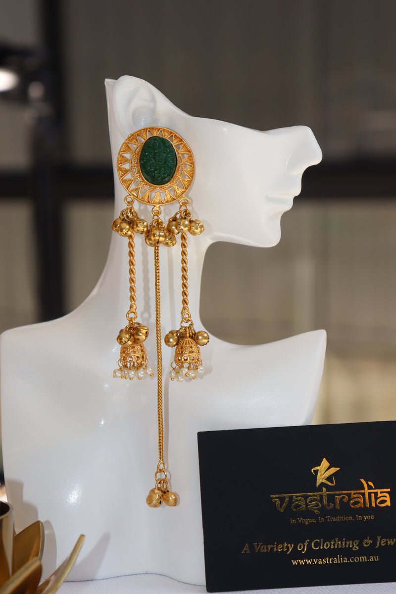 Carved Stone Sunburst Twin Jhumka Chain Earrings